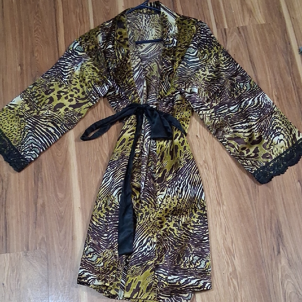Satin Animal Print Robe with Black Lace Accents